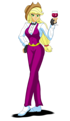 Size: 2207x3818 | Tagged: safe, artist:nekohybrid, applejack, equestria girls, g4, alcohol, clothes, commission, cowboy hat, crossover, fingerless gloves, freckles, glass, gloves, hat, high res, king (king of fighters), king of fighters, necktie, pants, simple background, stetson, transparent background, wine
