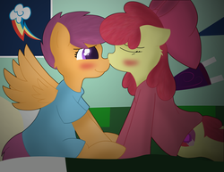 Size: 3300x2550 | Tagged: safe, artist:skyflys, apple bloom, scootaloo, earth pony, pony, g4, blushing, clothes, cute, female, high res, kissing, lesbian, oversized clothes, scootalove, ship:scootabloom, shipping, spread wings, wings