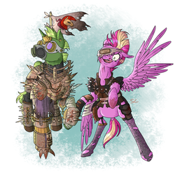 Size: 2000x2000 | Tagged: safe, artist:sourcherry, oc, oc only, pegasus, pony, unicorn, fallout equestria, broken wing, clothes, couple, female, flag, flagpole, high res, hoof hold, male, mare, mutant manual, raider, raider armor, raised hoof, rearing, spikes, spread wings, stallion, stockings, thigh highs