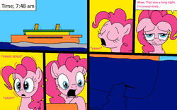 Size: 1001x625 | Tagged: safe, artist:didgereethebrony, pinkie pie, earth pony, pony, comic:wreck of the renaissance, g4, female, mare, ocean, open mouth, pinkie sense, rock, sailing, ship, solo, underwater
