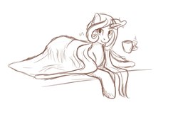 Size: 2560x1792 | Tagged: safe, artist:nightskrill, oc, oc only, pony, unicorn, blanket, cup, female, glowing horn, horn, levitation, lying, magic, mare, monochrome, prone, sketch, solo, telekinesis