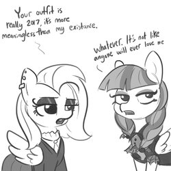 Size: 1650x1650 | Tagged: safe, artist:tjpones, fluttershy, inky rose, pegasus, pony, fake it 'til you make it, g4, dialogue, duo, emo, eyeshadow, fluttergoth, goth, grayscale, makeup, monochrome, open mouth