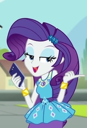 Size: 487x720 | Tagged: safe, screencap, rarity, human, equestria girls, equestria girls series, g4, text support, text support: rarity, cellphone, clothes, cropped, cute, eyebrows, eyeshadow, geode of shielding, hairpin, lidded eyes, magical geodes, makeup, open mouth, open smile, pencil skirt, phone, raribetes, rarity peplum dress, skirt, smartphone, smiling, solo