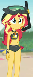 Size: 300x686 | Tagged: safe, screencap, sunset shimmer, equestria girls, g4, my little pony equestria girls: better together, unsolved selfie mysteries, beach, beach shorts swimsuit, belly button, clothes, cropped, dive mask, female, goggles, snorkel, solo, sunset shimmer's beach shorts swimsuit, swimsuit