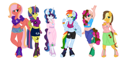 Size: 1024x509 | Tagged: safe, artist:grogiesnople, oc, oc:apple breeze, oc:candy apple, oc:dawn glow, oc:elegance, oc:party palooza, oc:spectrum cloud, earth pony, pegasus, unicorn, anthro, unguligrade anthro, anthro oc, base used, clothes, compression shorts, daisy dukes, ear piercing, earring, female, front knot midriff, hair over one eye, hoof hands, hoof shoes, jewelry, mare, midriff, next generation, offspring, parent:applejack, parent:big macintosh, parent:caramel, parent:cheese sandwich, parent:comet tail, parent:fancypants, parent:fluttershy, parent:pinkie pie, parent:rainbow dash, parent:rarity, parent:soarin', parent:twilight sparkle, parents:carajack, parents:cheesepie, parents:cometlight, parents:fluttermac, parents:raripants, parents:soarindash, piercing, shorts, simple background, skirt, sports bra, tattoo, white background