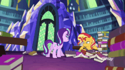 Size: 800x450 | Tagged: safe, screencap, starlight glimmer, sunset shimmer, pony, unicorn, equestria girls, equestria girls specials, g4, mirror magic, anatomically incorrect, animated, bipedal, book, confused, cute, discovery family logo, female, flailing, frown, gif, glare, gritted teeth, in the human world for too long, incorrect leg anatomy, it happened, mare, raised hoof, raised leg, saddle bag, shimmerbetes, smiling, smirk, stumbling, walking, wat, wide eyes