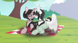 Size: 1024x571 | Tagged: safe, artist:ponycat-artist, oc, oc only, oc:angel kitty, oc:shadow brisk, pegasus, pony, unicorn, boop, clothes, female, mare, noseboop, picnic blanket, prone, tongue out, tree