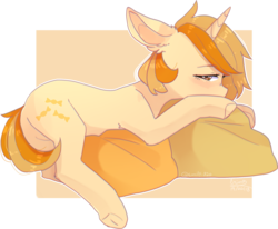 Size: 2050x1689 | Tagged: safe, artist:erinartista, oc, oc only, oc:butterscotch, pony, unicorn, female, mare, pillow, prone, simple background, solo, transparent background, underhoof, ych result