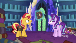 Size: 800x450 | Tagged: safe, screencap, starlight glimmer, sunset shimmer, pony, unicorn, equestria girls, equestria girls specials, g4, my little pony equestria girls: mirror magic, animated, book, cute, duo, female, gif, in the human world for too long, journal, levitation, library, magic, magic aura, magic mirror, mare, shimmerbetes, telekinesis, twilight's castle, twilight's castle library