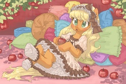 Size: 1800x1200 | Tagged: safe, artist:yanamosuda, applejack, earth pony, pony, g4, apple, applejack also dresses in style, blushing, clothes, cute, dress, female, food, frilly dress, gothic lolita, jackabetes, lolita fashion, mare, on back, pillow, solo