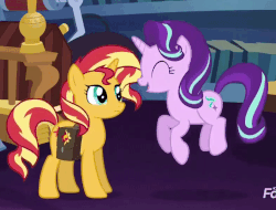 Size: 786x598 | Tagged: safe, screencap, starlight glimmer, sunset shimmer, pony, unicorn, equestria girls, equestria girls specials, g4, mirror magic, animated, cute, duo, excited, female, gif, glimmerbetes, irrational exuberance, jumping, pronking, smiling