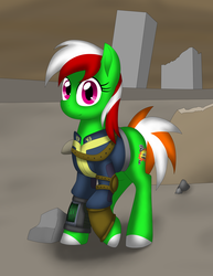 Size: 5100x6600 | Tagged: safe, artist:glacierfrostclaw, oc, oc:wandering sunrise, earth pony, pony, fallout equestria, fallout equestria: dead tree, absurd resolution, clothes, fallout, female, jumpsuit, mare, pipbuck, stable dweller, vault suit, wandering sunrise, wasteland