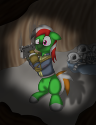 Size: 5100x6600 | Tagged: safe, artist:glacierfrostclaw, oc, oc only, oc:wandering sunrise, earth pony, pony, fallout equestria, fallout equestria: dead tree, absurd resolution, bone, cave, dead, fallout, female, gun, mare, pipbuck, puddle, skeleton, stable dweller, wandering sunrise, weapon