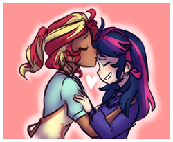 Size: 609x499 | Tagged: safe, artist:pandemiamichi, sunset shimmer, twilight sparkle, human, equestria girls, g4, apron, clothes, duo, female, forehead kiss, heart, humanized, kissing, lesbian, moderate dark skin, pink background, ship:sunsetsparkle, shipping, simple background, sweater