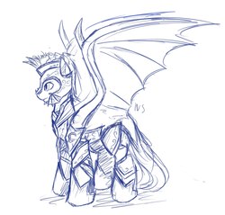 Size: 2258x2160 | Tagged: safe, artist:nightskrill, oc, oc only, bat pony, pony, armor, helmet, high res, male, monochrome, sketch, solo, spread wings, wings