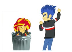 Size: 1275x921 | Tagged: safe, flash sentry, sunset shimmer, equestria girls, g4, abuse, background pony strikes again, downvote bait, op is a duck, op is trying to start shit, out of character, sad, shimmerbuse, simple background, sunset shimmer's trash can, trash can, white background
