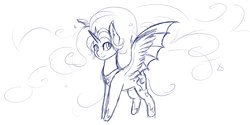 Size: 2560x1280 | Tagged: safe, artist:nightskrill, nightmare moon, alicorn, pony, chibi, ear fluff, female, hybrid wings, mare, monochrome, nicemare moon, sketch, smiling, solo, spread wings, wings