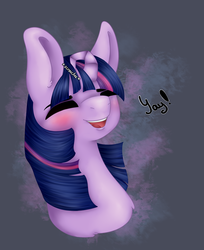 Size: 1630x2000 | Tagged: safe, artist:vlorn, twilight sparkle, pony, g4, blushing, commission, female, flexible horn, happy, head scratch, prehensile horn, scratching, smiling, solo, wat, yay