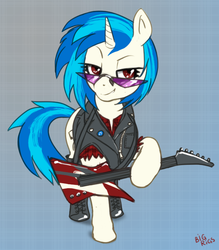 Size: 673x768 | Tagged: safe, artist:bigrigs, derpibooru exclusive, dj pon-3, vinyl scratch, pony, unicorn, g4, boots, clothes, electric guitar, female, guitar, heavy metal, jacket, leather jacket, looking at you, mare, musical instrument, red eyes, rock (music), shoes, solo, sunglasses