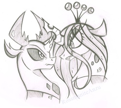Size: 1765x1582 | Tagged: safe, artist:rossmaniteanzu, queen chrysalis, thorax, changedling, changeling, changeling queen, g4, changeling king, duo, female, grayscale, king thorax, looking at each other, male, monochrome, mother and son, pencil drawing, simple background, sketch, smiling, traditional art, white background