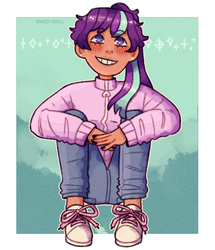 Size: 1000x1163 | Tagged: safe, artist:mochietti, starlight glimmer, human, g4, alternate hairstyle, blushing, clothes, converse, female, humanized, jacket, jeans, light skin, nail polish, pants, shoes, sitting, smiling, solo