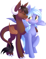 Size: 2306x2923 | Tagged: safe, artist:scarlet-spectrum, oc, oc only, oc:onyx quill, oc:wind shear, dracony, hybrid, kirin, pegasus, pony, claws, high res, licking, mlem, silly, simple background, tongue out, transparent background, wings