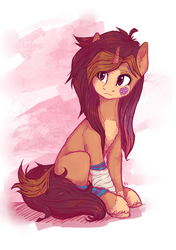 Size: 1969x2800 | Tagged: safe, artist:nightskrill, oc, oc only, pony, unicorn, bandage, female, mare, sitting, solo, unshorn fetlocks