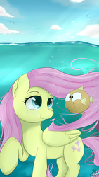 Size: 2160x3840 | Tagged: safe, artist:dashy21, fluttershy, bird, fish, pegasus, pony, g4, cloud, female, high res, holding breath, mare, sky, underwater, watershy, wings