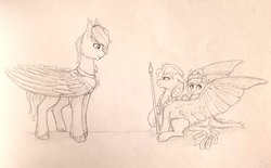 Size: 1118x691 | Tagged: safe, artist:nightskrill, oc, oc only, braid, monochrome, protecting, spear, spread wings, traditional art, unshorn fetlocks, weapon, wings