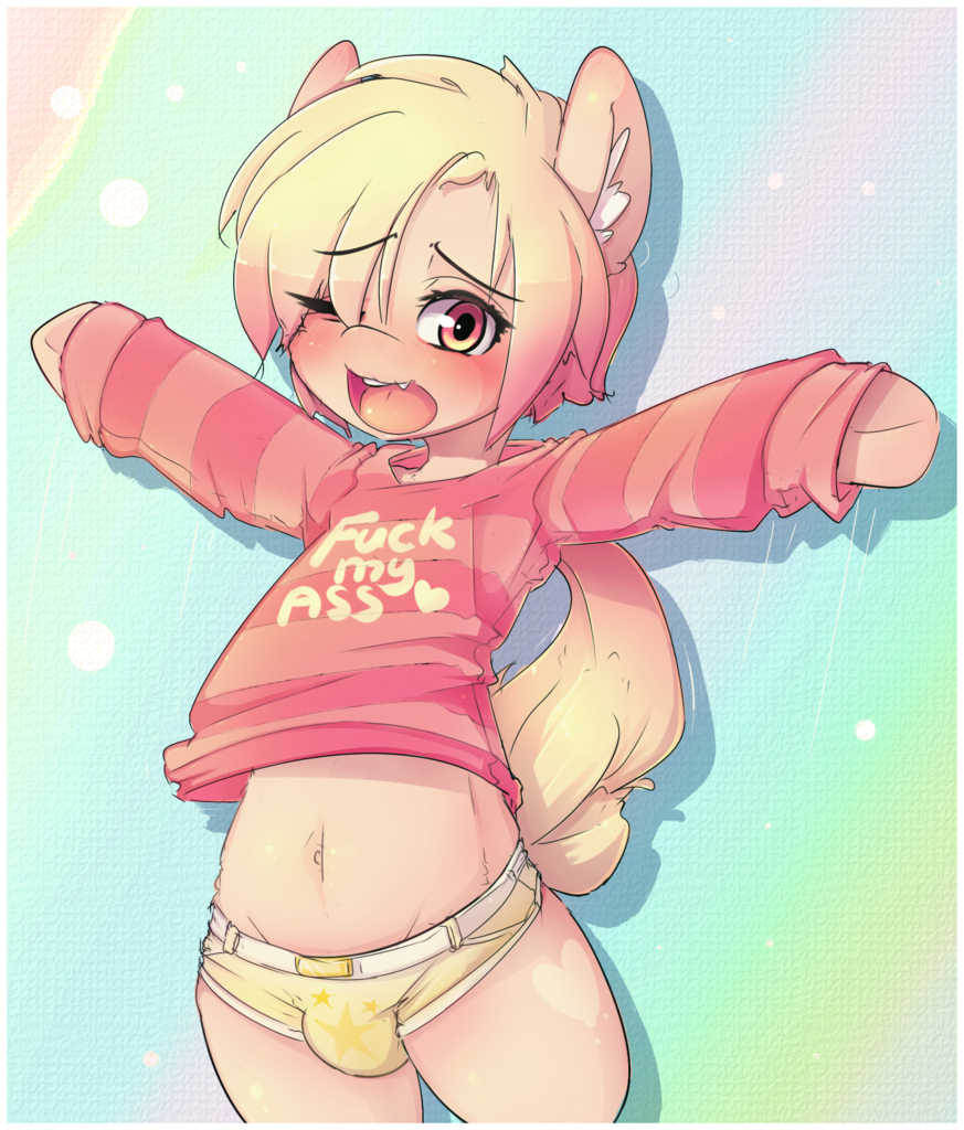 1712692 - questionable, artist:hoodie, oc, oc only, earth pony,  semi-anthro, belly button, blushing, clothes, crossdressing, crotch bulge,  cute, femboy, implied gay, male, shirt, shorts, simple background, solo,  solo male, sweater, text, vulgar -