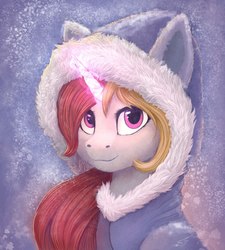 Size: 973x1080 | Tagged: safe, artist:nightskrill, oc, oc only, oc:astra lightsword, pony, unicorn, bundled up for winter, bust, clothes, female, glowing horn, horn, mare, portrait, solo, winter outfit