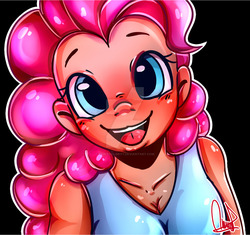 Size: 1024x963 | Tagged: safe, artist:paintcoloryt, pinkie pie, human, g4, black background, blushing, breasts, cleavage, clothes, deviantart watermark, female, humanized, looking at you, obtrusive watermark, shirt, simple background, smiling, solo, watermark