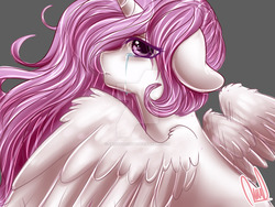 Size: 1024x768 | Tagged: safe, artist:paintcoloryt, princess celestia, alicorn, pony, g4, crying, deviantart watermark, female, floppy ears, gray background, horn, looking at you, mare, obtrusive watermark, pink hair, simple background, solo, watermark, wings