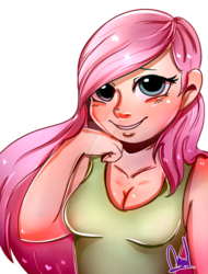 Size: 1024x1345 | Tagged: safe, artist:paintcoloryt, fluttershy, human, g4, blushing, breasts, cleavage, clothes, deviantart watermark, female, hand on chin, humanized, obtrusive watermark, shirt, simple background, solo, transparent background, watermark