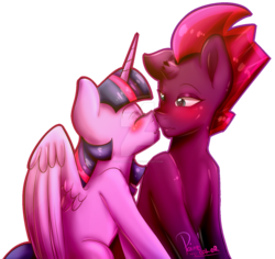 Size: 1280x1209 | Tagged: safe, artist:paintcoloryt, tempest shadow, twilight sparkle, alicorn, pony, g4, blushing, broken horn, cute, deviantart watermark, duo, eye scar, eyes closed, female, horn, lesbian, mare, nuzzling, obtrusive watermark, scar, ship:tempestlight, shipping, simple background, transparent background, watermark, wings