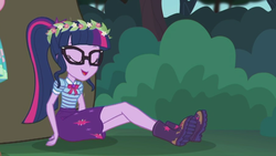 Size: 2208x1242 | Tagged: safe, screencap, sci-twi, twilight sparkle, bear, equestria girls, g4, my little pony equestria girls: better together, stressed in show, stressed in show: fluttershy, boots, bowtie, bush, clothes, cute, eyes closed, floral head wreath, flower, geode of telekinesis, glasses, magical geodes, mud, muddy, open mouth, ponytail, shoes, skirt, sleeping, twiabetes