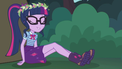 Size: 2208x1242 | Tagged: safe, screencap, sci-twi, twilight sparkle, bear, equestria girls, g4, my little pony equestria girls: better together, stressed in show, stressed in show: fluttershy, boots, bowtie, bush, clothes, cute, eyes closed, floral head wreath, flower, geode of telekinesis, glasses, magical geodes, mud, muddy, ponytail, shoes, skirt, sleeping, solo, twiabetes