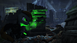 Size: 3840x2160 | Tagged: safe, artist:dj-chopin, oc, oc only, oc:littlepip, ghoul, pony, unicorn, fallout equestria, 3d, clothes, dead tree, fallout, fanfic, fanfic art, female, glowing horn, gun, handgun, high res, horn, jumpsuit, levitation, little macintosh, macintosh (computer), magic, mare, pipbuck, ranger, revolver, solo, song in the description, source filmmaker, telekinesis, tree, vault suit, wasteland, weapon