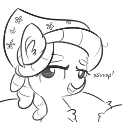 Size: 1650x1650 | Tagged: safe, artist:tjpones, tree hugger, earth pony, pony, g4, bandana, bust, chest fluff, clothes, dialogue, dreadlocks, ear fluff, eyebrows, female, grayscale, headscarf, mare, monochrome, scarf, simple background, solo, white background