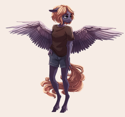 Size: 2000x1878 | Tagged: safe, artist:weird--fish, oc, oc only, oc:fractal, pegasus, anthro, unguligrade anthro, clothes, female, floppy ears, mare, shirt, shorts, simple background, solo, spread wings, t-shirt, unshorn fetlocks, wings