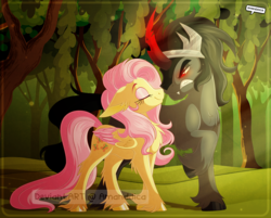 Size: 2500x2009 | Tagged: safe, artist:amanddica, fluttershy, king sombra, g4, eyes closed, female, floppy ears, forest, gritted teeth, high res, male, ship:sombrashy, shipping, smiling, straight