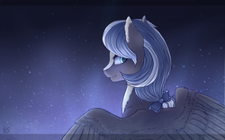 Size: 4000x2500 | Tagged: safe, artist:nightskrill, oc, oc only, pegasus, pony, bow, bust, female, hair bow, looking back, mare, night, solo, spread wings, stars, wings