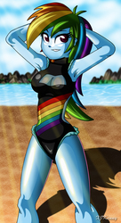 Size: 800x1475 | Tagged: safe, artist:xjkenny, rainbow dash, equestria girls, g4, armpits, breasts, cleavage, clothes, looking at you, one-piece swimsuit, smiling, swimsuit