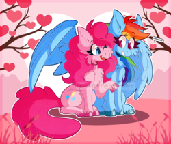 Size: 2500x2111 | Tagged: safe, artist:amanddica, pinkie pie, rainbow dash, earth pony, pegasus, pony, g4, cheek fluff, chest fluff, cutie mark, ear fluff, fangs, female, fluffy, gift art, heart, high res, lesbian, looking at each other, mare, one eye closed, one wing out, open mouth, ship:pinkiedash, shipping, sitting, smiling, tree, watermark