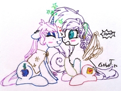 Size: 1933x1447 | Tagged: safe, artist:binkyt11, derpibooru exclusive, oc, oc only, oc:belladonna lamia, oc:penelope, pegasus, pony, undead, unicorn, blushing, boop, cloak, clothes, crack shipping, ear piercing, earring, fake cutie mark, female, heart, horn, horngasm, jewelry, lesbian, mare, necrophilia, nervous, noseboop, oc x oc, orgasm, piercing, pomf, potato sack, shipping, sparking horn, spread wings, sticky note, stitches, wingboner, wings