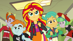 Size: 1920x1080 | Tagged: safe, screencap, drama letter, heath burns, snails, snips, sunset shimmer, watermelody, equestria girls, g4, my little pony equestria girls, backpack, beret, confident, hat, quintet, wondercolts uniform