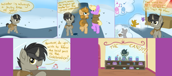 Size: 4508x2004 | Tagged: safe, artist:slushnstuff, discord, pony, unicorn, g4, ask, ask-clover-the-clever, candy, cloak, clothes, colt, food, male, pony discord, snow, tumblr, winter