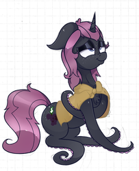 Size: 667x820 | Tagged: safe, artist:dragonpone, artist:paskanaakka, color edit, derpibooru exclusive, edit, oc, oc only, oc:belladonna lamia, pony, unicorn, back scratching, butt freckles, chest fluff, cloak, clothes, colored, colored sketch, female, floppy ears, freckles, lidded eyes, mare, nose wrinkle, scratching, smiling, solo, tentacle legs, tentacles, wat