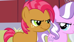 Size: 1280x720 | Tagged: safe, screencap, babs seed, diamond tiara, g4, one bad apple, barn, mean, smiling