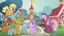 Size: 1280x720 | Tagged: safe, screencap, button mash, cheerilee, diamond tiara, mango dash, pipsqueak, silver spoon, snails, snips, earth pony, pony, crusaders of the lost mark, g4, colt, flag, flower, male, playground, ponyville schoolhouse, the pony i want to be